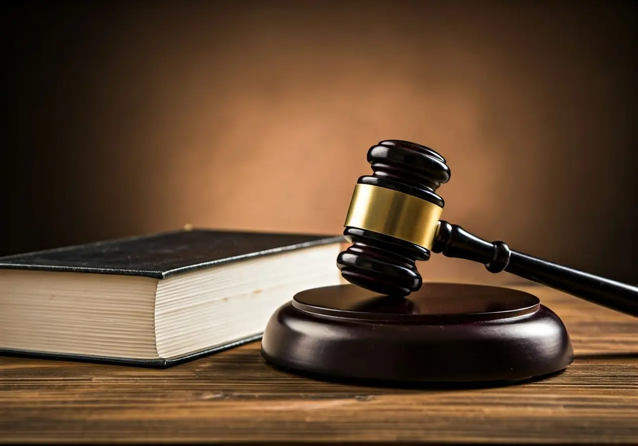 A gavel and law book on a wooden desk. 35mm stock photo