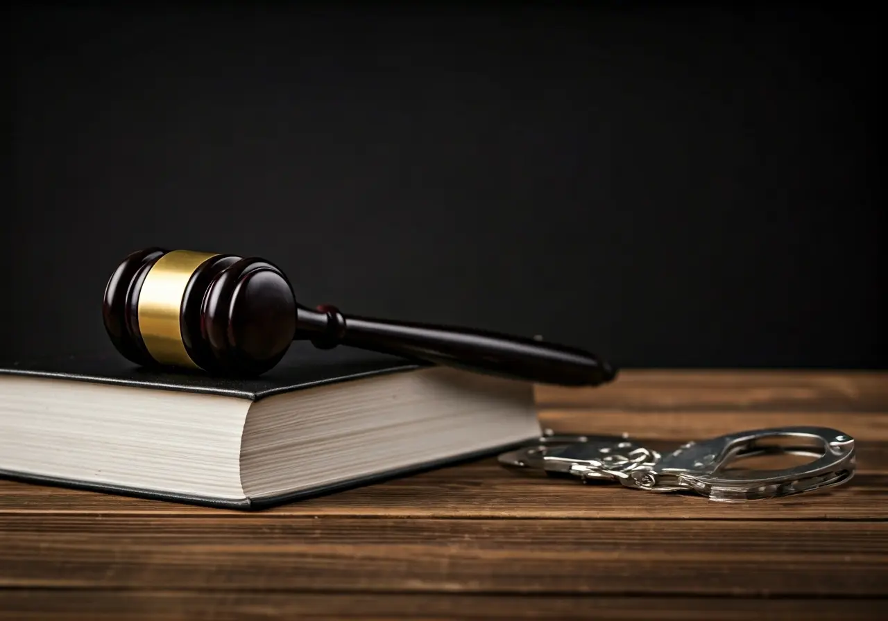 A gavel resting on a law book with handcuffs nearby. 35mm stock photo