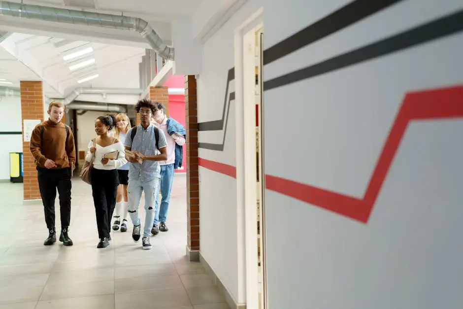 A diverse group of teenagers walking together in a modern school hallway.