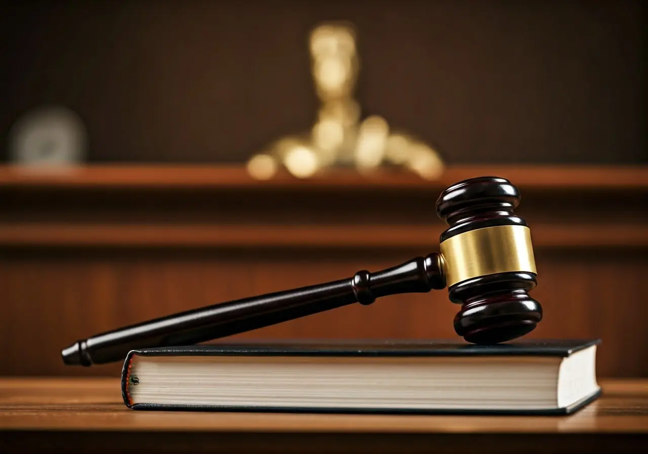 A gavel resting on a legal book in a courtroom. 35mm stock photo