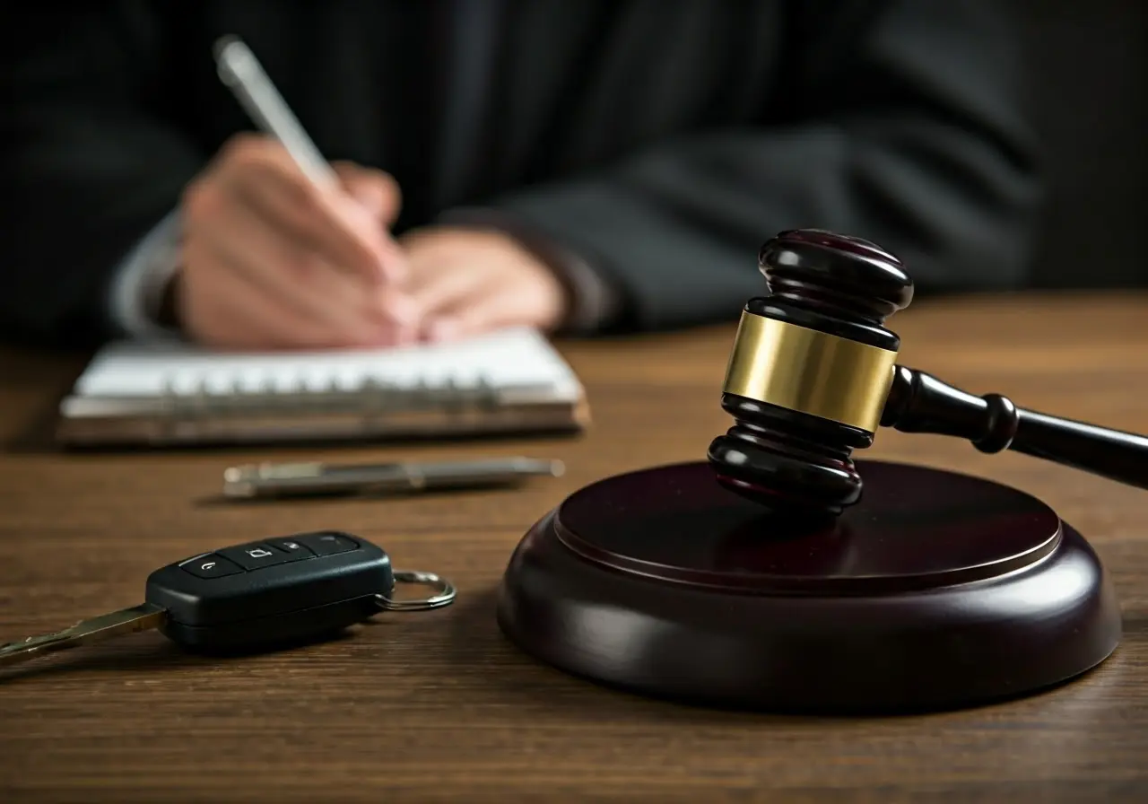 A judge&rsquo;s gavel beside a car key on a table. 35mm stock photo