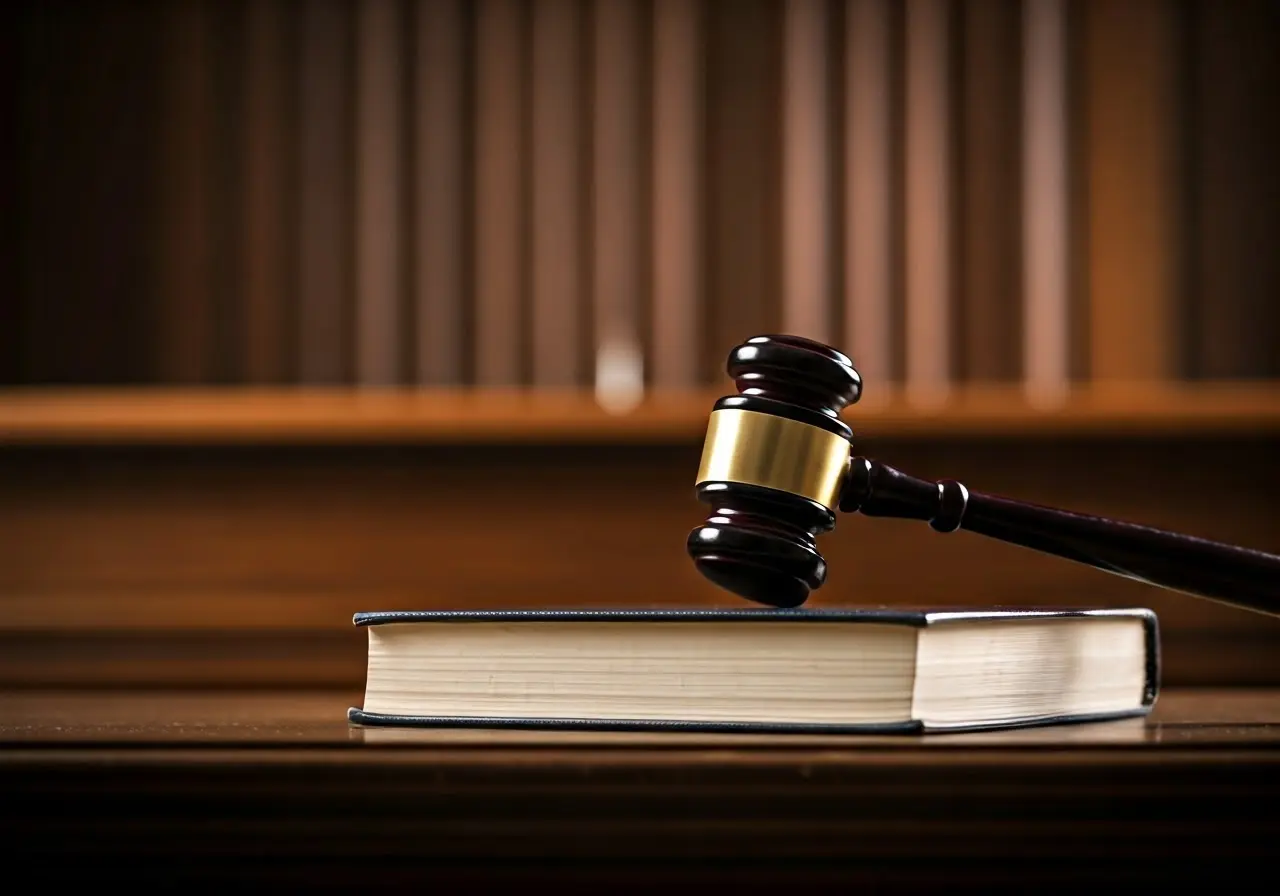 A gavel resting on a law book in a courtroom. 35mm stock photo