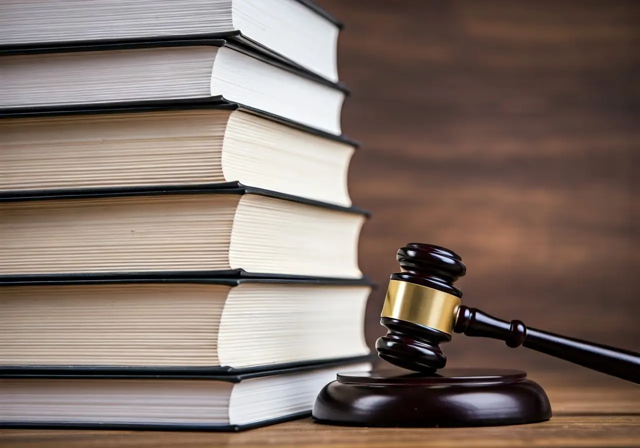 A stack of legal books beside a wooden gavel. 35mm stock photo