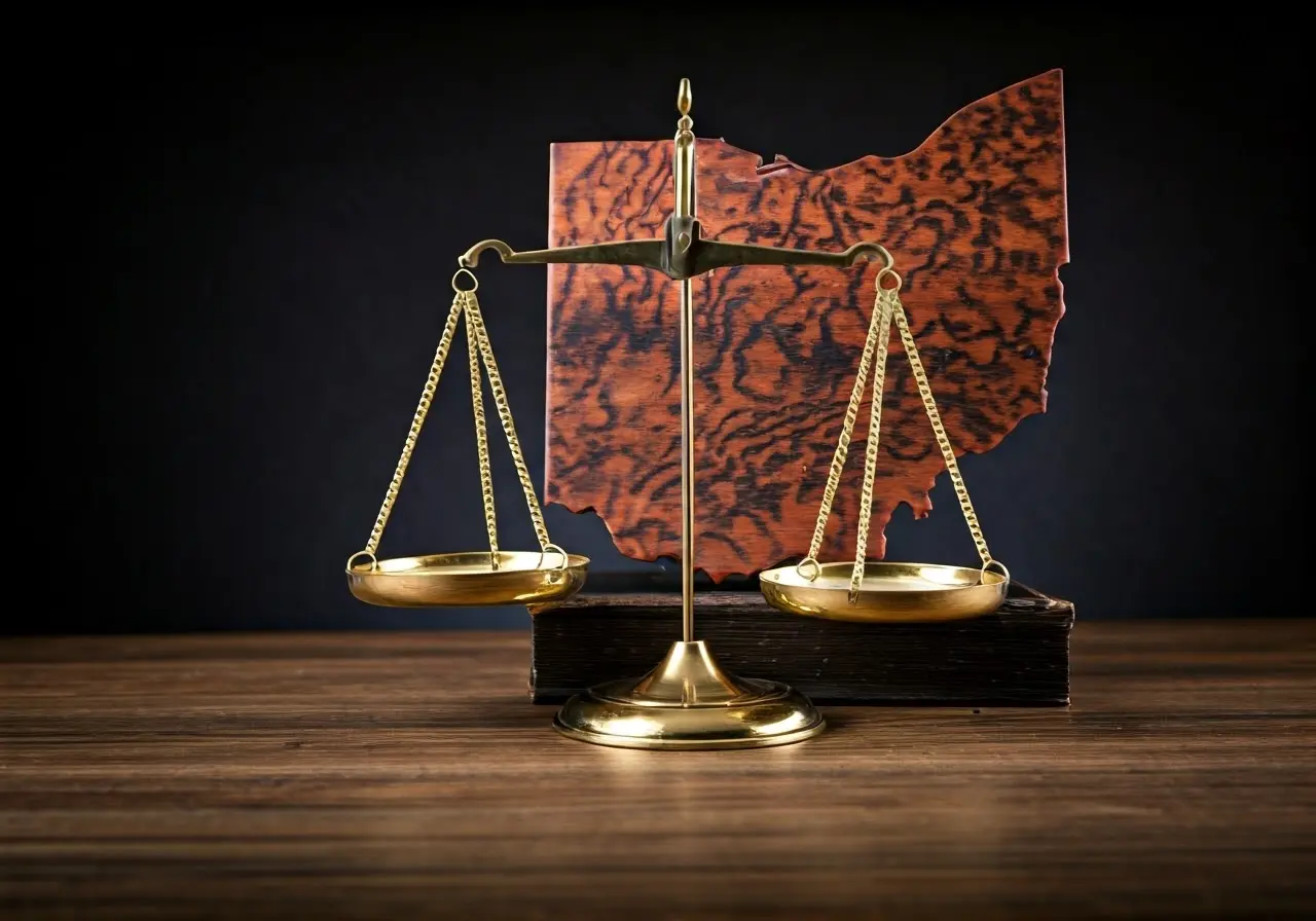 Scales of justice with Ohio map in background. 35mm stock photo