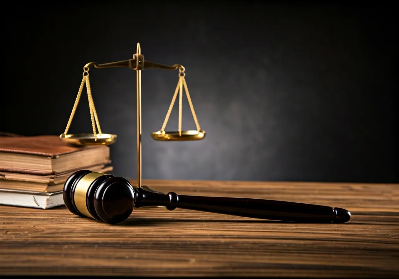 Gavel and scales of justice on a wooden table. 35mm stock photo