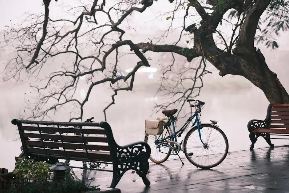 A peaceful view of a bicycle near empty benches by a misty riverbank.