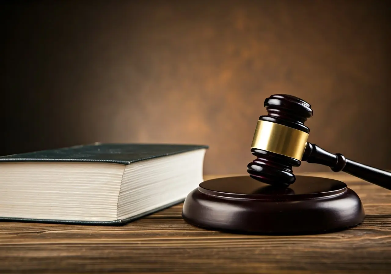 A gavel and law book on a wooden desk. 35mm stock photo