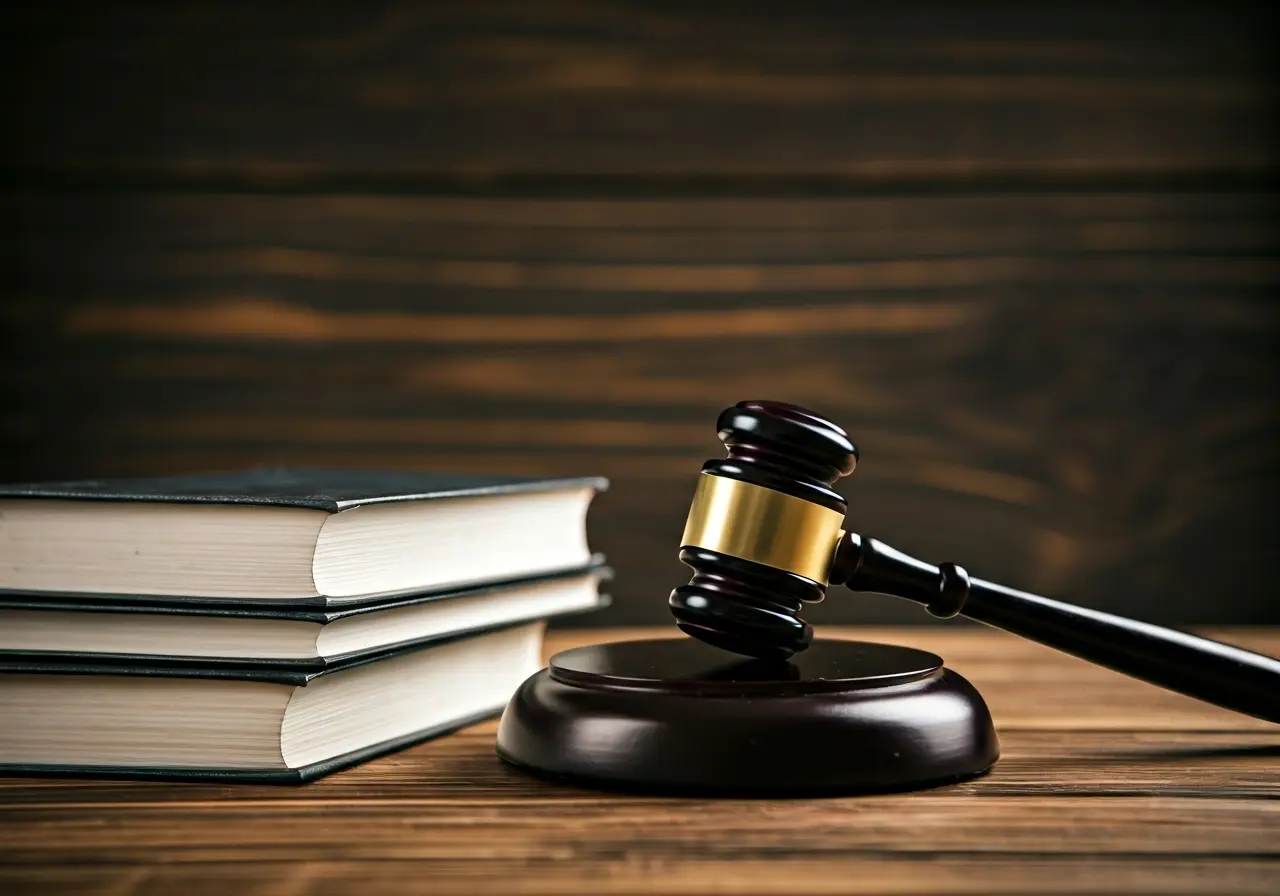 A gavel and legal books on a wooden desk. 35mm stock photo