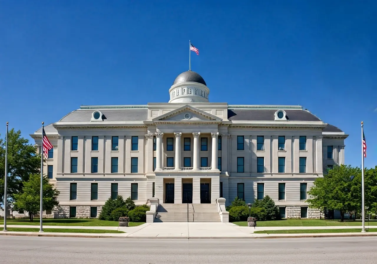 A courthouse exterior with the Ohio state flag flying. 35mm stock photo