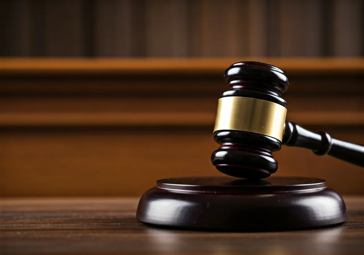 A gavel resting on a wooden courtroom bench. 35mm stock photo